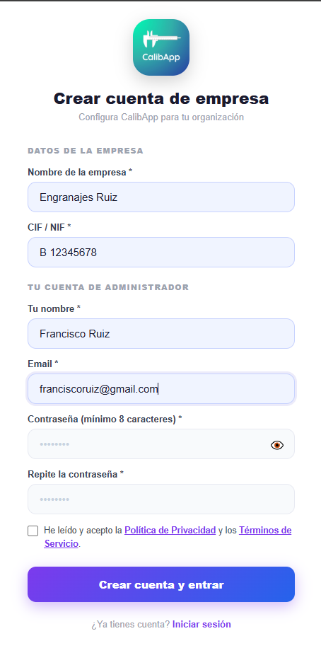 Pantalla de registro con los datos de la empresa