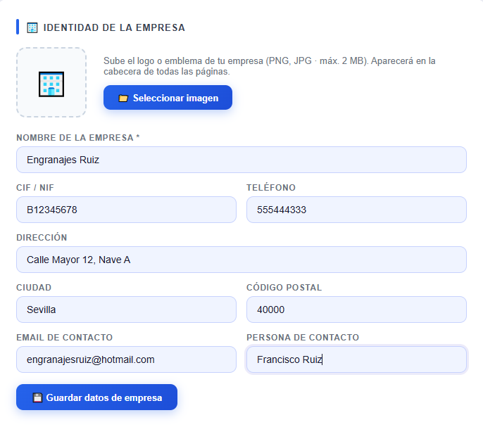Pantalla Config: tarjeta «Identidad de la empresa» con el logo y los datos