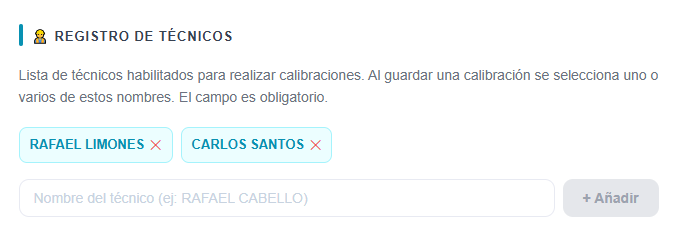 Tarjeta «Registro de técnicos» con los técnicos añadidos