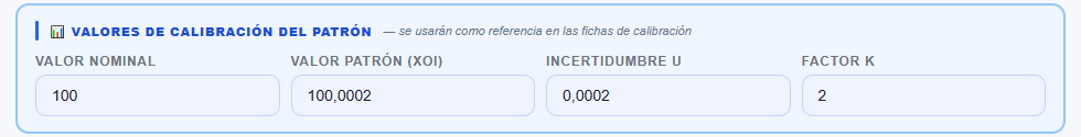 Recuadro azul «Valores de calibración del patrón» con nominal, valor patrón, U y k