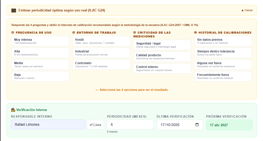 Calculadora de periodicidad abierta con las cuatro preguntas