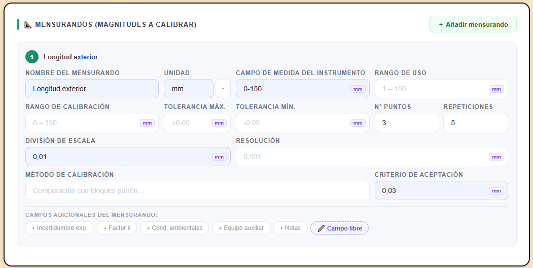 Sección «Mensurandos» con un mensurando rellenado
