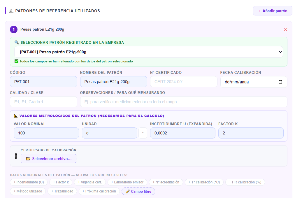 Sección «Patrones de referencia utilizados» con el selector verde