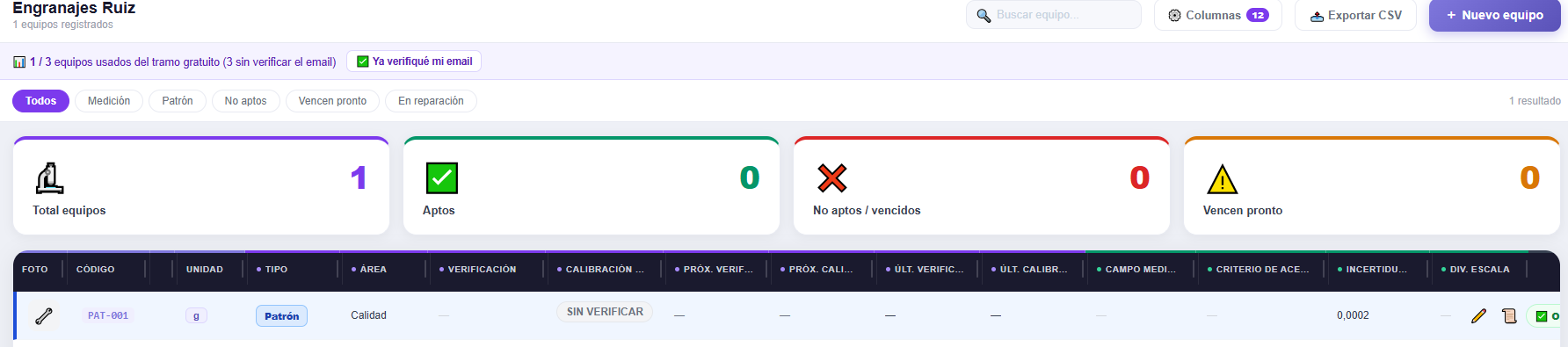 Lista de Equipos: filtros, contadores y tabla con la fila de un equipo