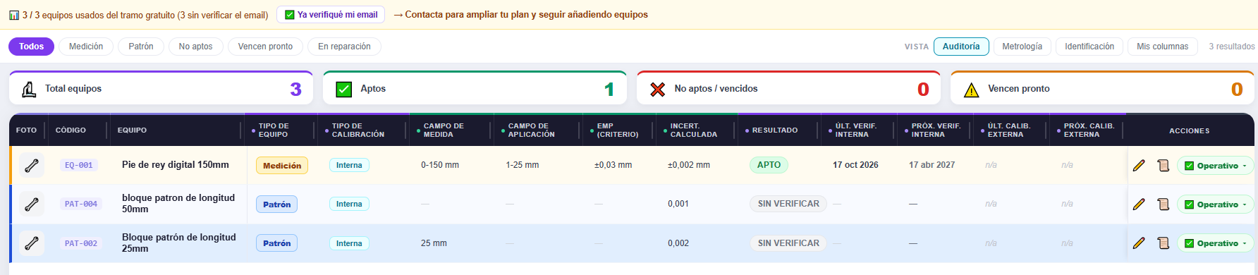 Hoja de Equipos con la vista Auditoría y los botones de vista
